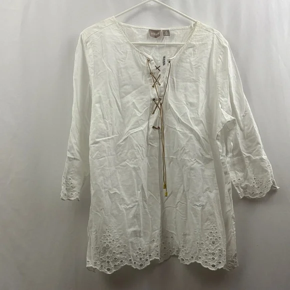 Chico’s Peasant Top 3/4 Sleeves Optic White Blouse Top Lace Up Tunic Women’s New - Picture 1 of 13